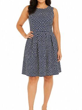 Navy Polka Dot Dress Sleeveless Pleated Skirt Size XL DE Collection